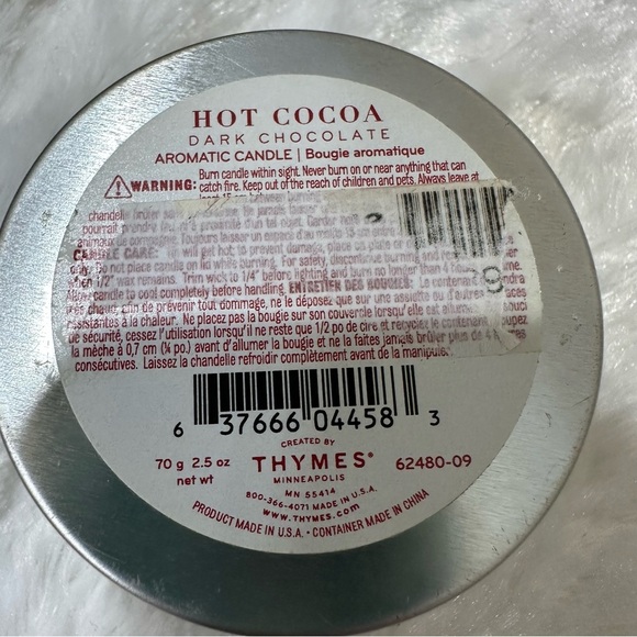 Thymes Hot Cocoa Dark Chocolate Travel Tin Candle 2.5 oz NEW READ - Picture 3 of 3